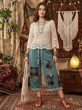 OOAK CUSTUM DYED AND DESINGEDBoho Patchwork Cropped Pants MED/LG